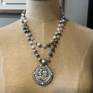 French Kande Pearl/silver necklace. Medallion is aligned w/ Swarovski crystals.